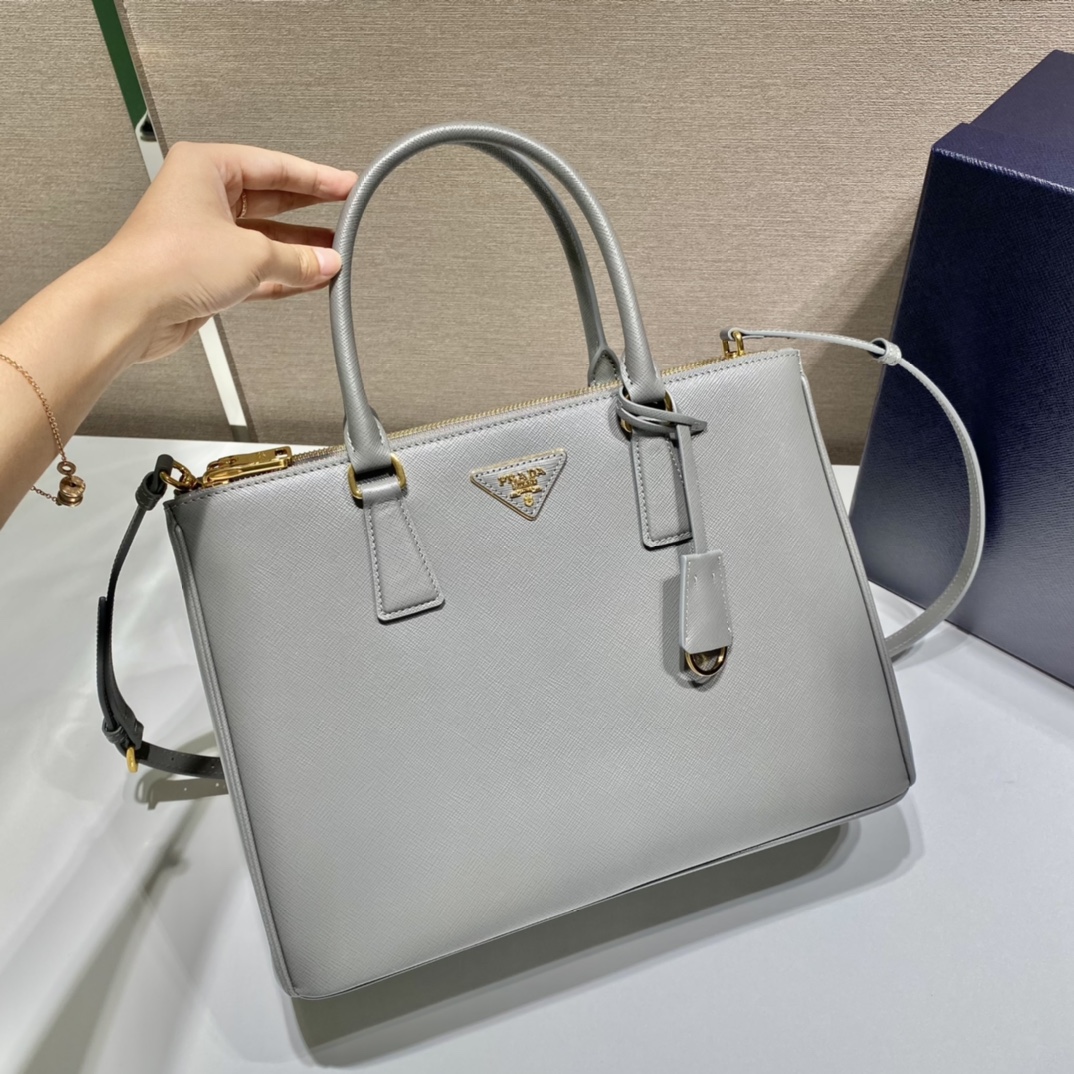 Prada Large Galleria Saffiano Leather Bag Tote Shoulder Bag Light Grey 1BA274